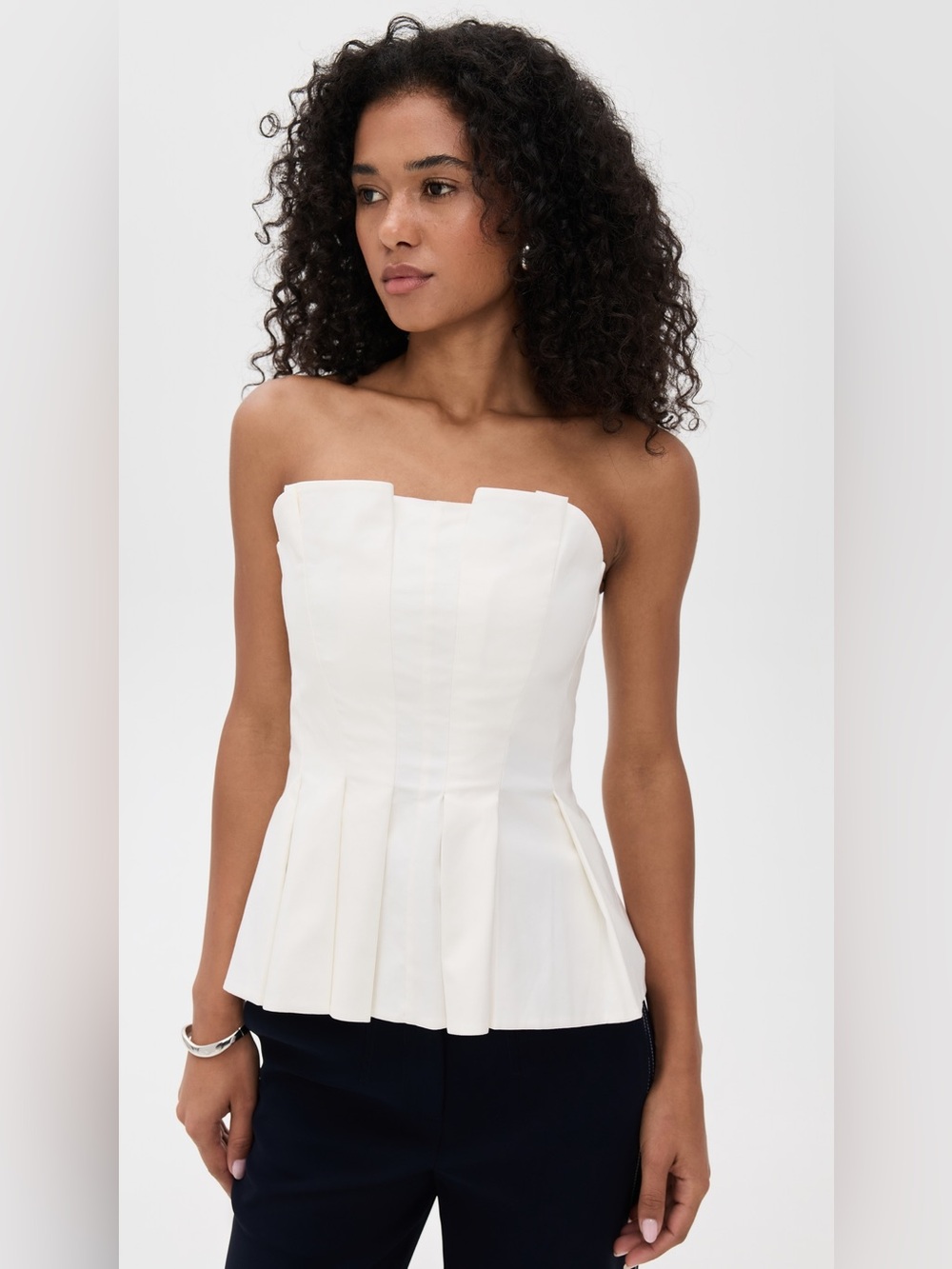 new Reformation Ashlyn pleated strapless flare top in white